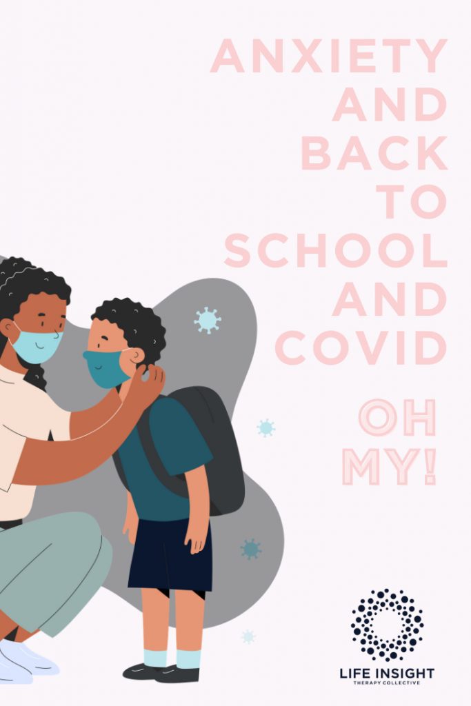 A graphic of a mother and son saying goodbye as the son returns to school during the COVID-19 pandemic after receiving family counseling in Hinsdale. 