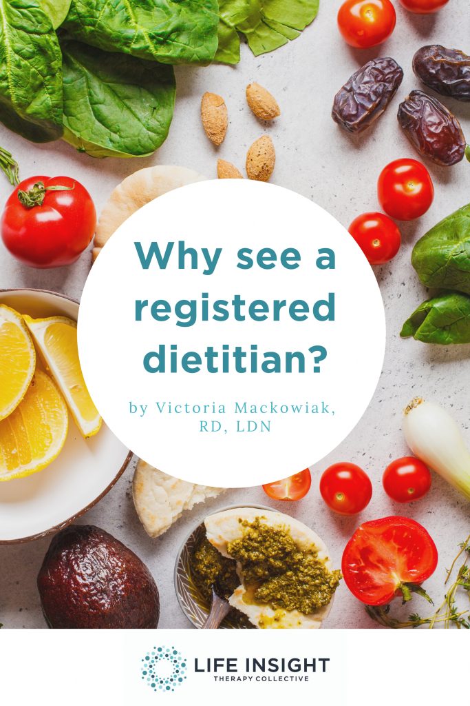Vegetables and fruits on a table and the words "Why see a registered dietitian?", representing how one can benefit from calling a Hinsdale nutrition counselor.