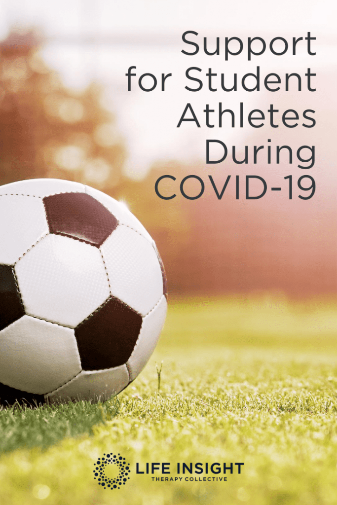 A soccer ball on the field with the words Support for Student Athletes During Covid-19. Find support during this time with our Hinsdale mental health services.